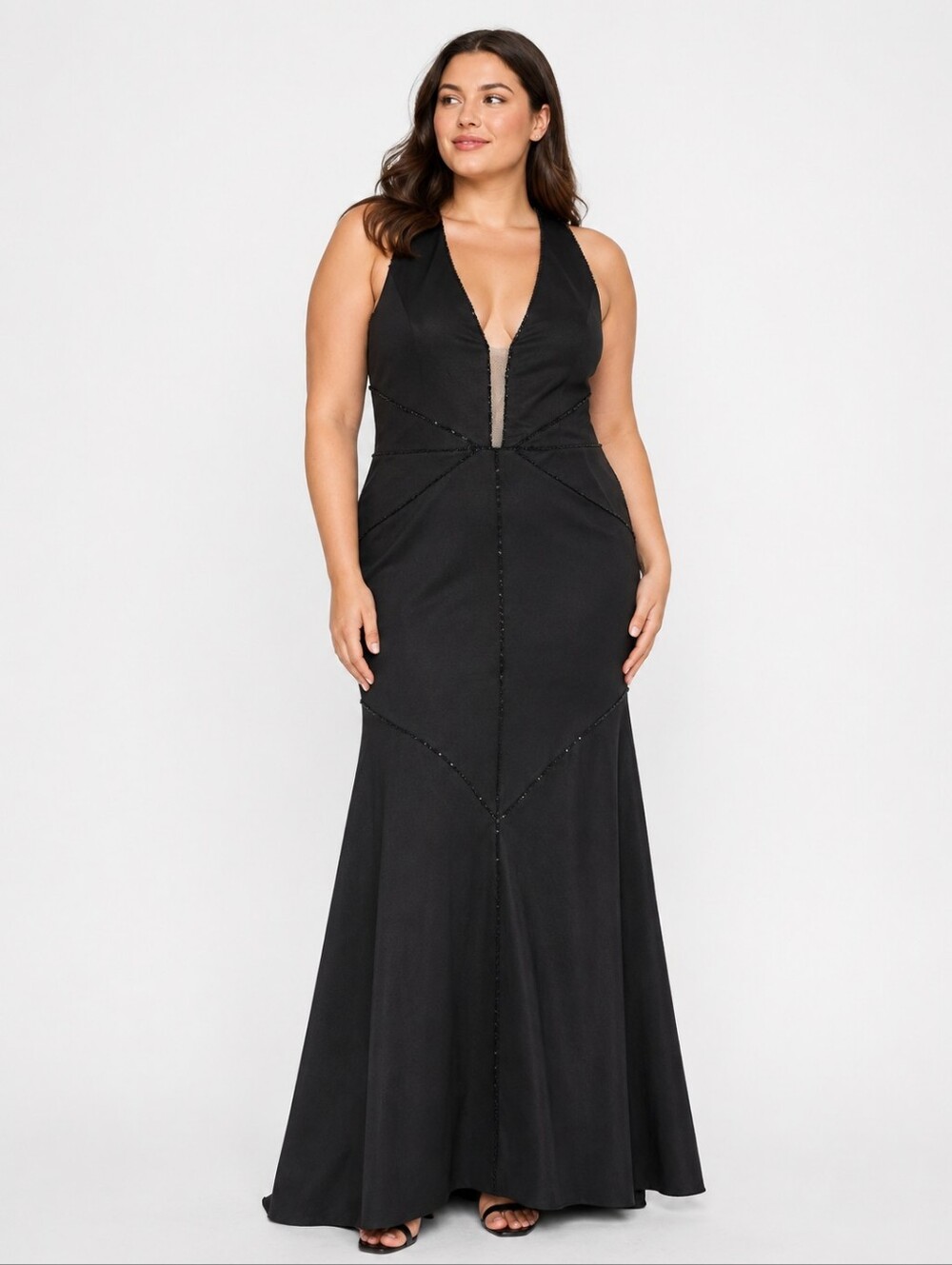 J. Mendel Black Silk Wool Blend Plunge Open Back Evening Gown Size 12